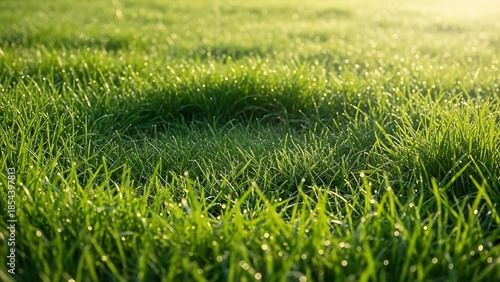 Morning dew on green grass with soft sunlight