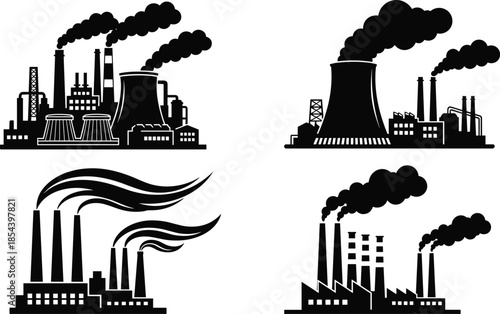 Set of heavy industry factory and power plant silhouettes with smoking chimneys, industrial pollution graphic icons, and manufacturing facility vector illustration