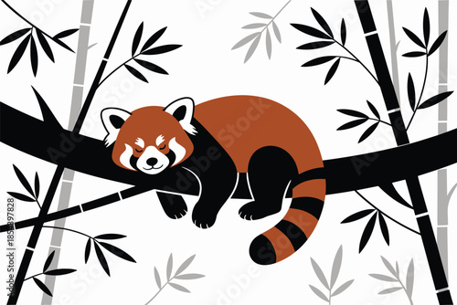 Cute Red Panda Sleeping on a Bamboo Branch, endangered species concept
