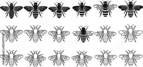 Set of Honey Bee Vector Icons, Featuring Black Silhouettes, Minimalist Line Art, and Detailed Outlines, Ideal for Beekeeping Logos, Packaging, or Nature Graphics