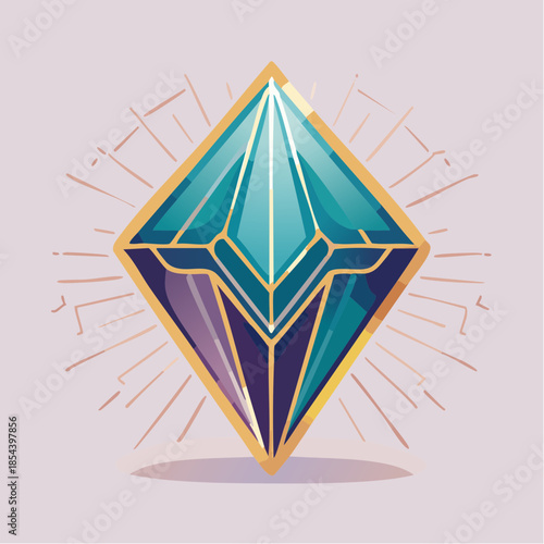 Stylized diamond-shaped gem with gold trim and radiating light beams on a light background.