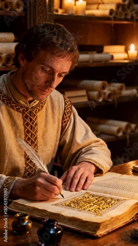 Medieval Monk Scribe Writing in Golden Illuminated Manuscript with Quill in Candlelit Library