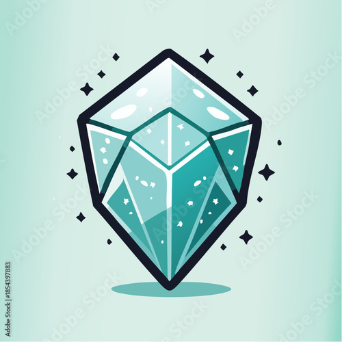 Stylized illustration of a faceted diamond with a teal color scheme and sparkling accents.