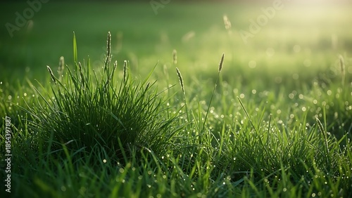 Morning dew on green grass with soft sunlight