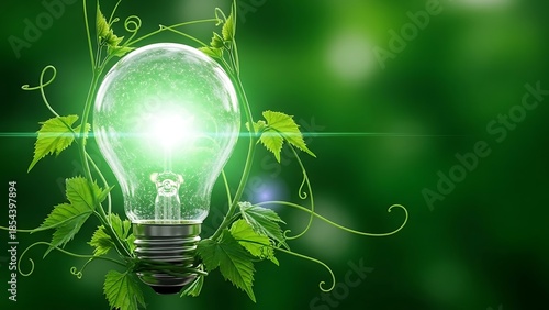 Eco energy concept with glowing light bulb and green leaves