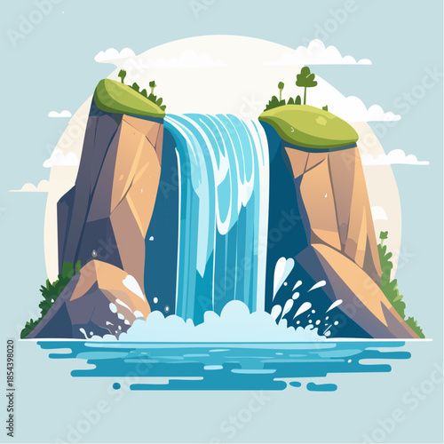 Cartoon illustration of a waterfall cascading between rocky cliffs into a pool of water.