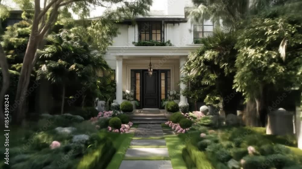 custom made wallpaper toronto digitalLush greenery frames a stately home, with a pathway leading to the front door; stone accents