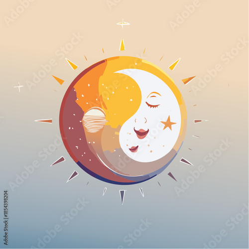 Stylized illustration of a sun and moon face in a yin-yang style, with warm and cool color palettes.