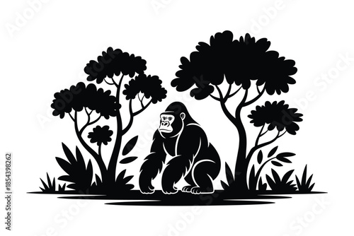 Powerful Gorilla Silhouette in Lush Jungle Landscape, strength and protection concept