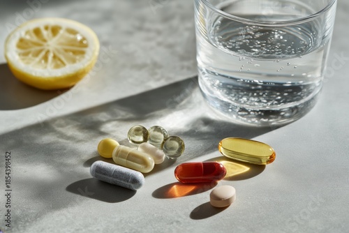 Various colorful pills, capsules, and softgels are scattered on a light surface beside a refreshing glass of water and a fresh lemon half, symbolizing healthcare, wellness, and a healthy lifestyle
