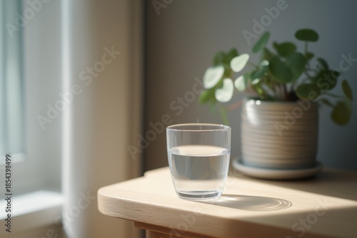 Glass of fresh drinking water standing on a wooden table, capturing sunlight from a nearby window, creating a peaceful and minimalist scene with a green houseplant in the background