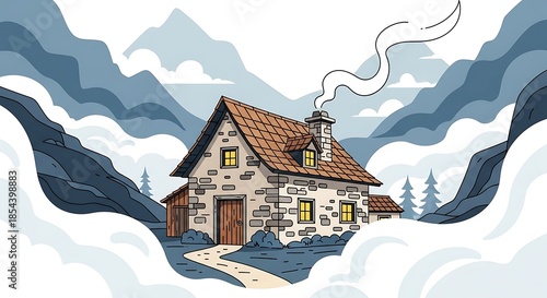 Cozy Stone Cabin Nestled in Snowy Mountain Landscape with Smoke from Chimney.