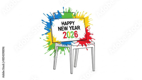 Colorful happy new year 2026 sign on easel with vibrant paint splashes