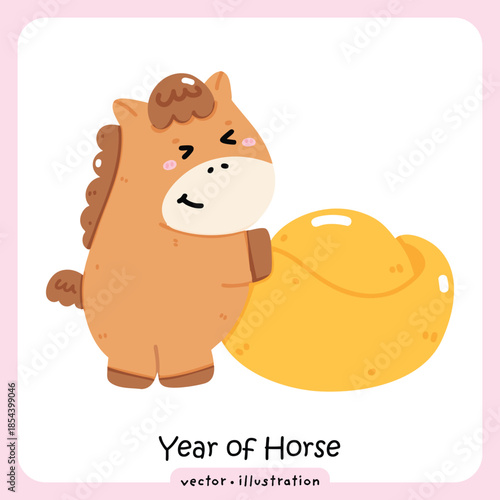 Adorable Cartoon Horse with Large Gold Ingot for 2026 Chinese Lunar New Year Fortune