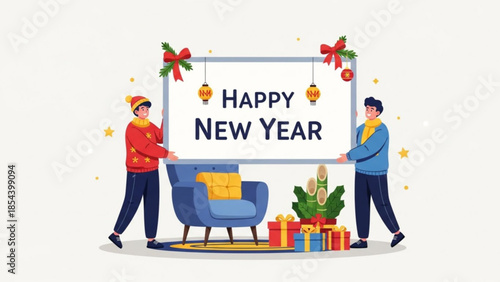 Two men holding a happy new year sign with festive decorations and gifts