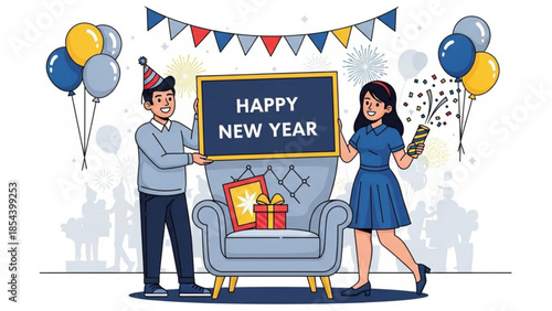 Man and woman celebrating new year with balloons, banner, and gifts in living room
