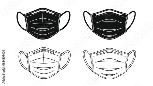 Black and white illustration of four different medical face masks