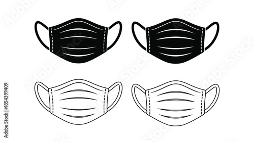 Black and white line art illustration of four disposable face masks