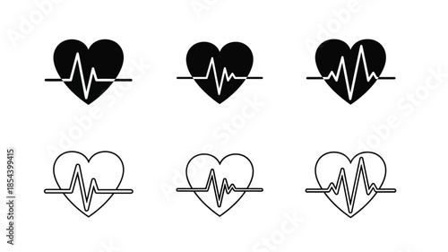 Collection of heart icons with electrocardiogram lines showing health and medical themes