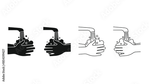Four steps of proper handwashing illustrated with simple black and white icons