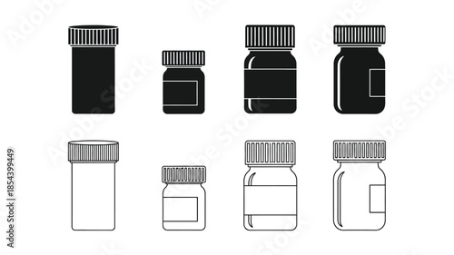 A collection of various sized bottle and container outlines in black and white