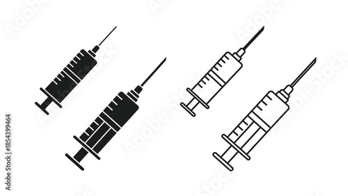 Simple illustration of medical syringes in black outline and solid fill styles