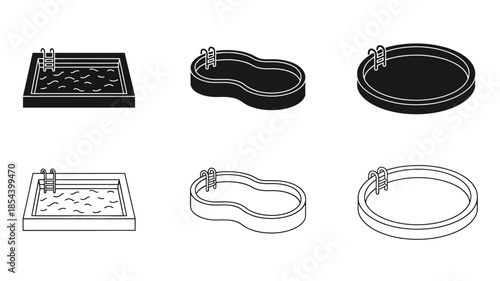 Various styles of swimming pools and hot tubs in line art design