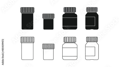 A collection of pill bottles in varying shapes and styles outlined in black and white