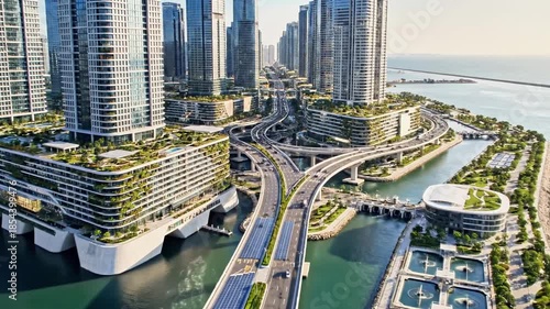 Aerial view of a modern cityscape with sleek, multi-level buildings and a network of roads and waterways with lush greenery