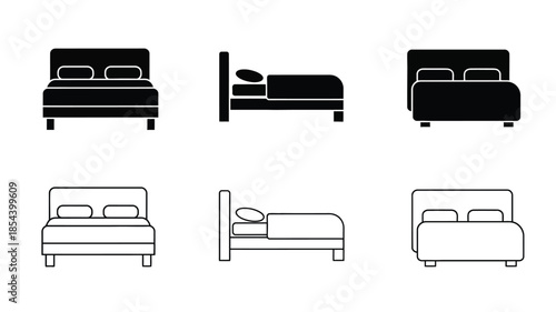 Simple black and white icons displaying different styles of beds