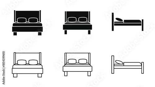 Simple black and white icons depicting beds in various styles and perspectives