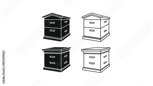 Simple illustration of four stacked beehives in black and white