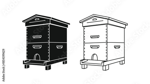 Simple black and white illustration of two beehives side by side