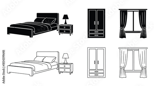 Bedroom furniture set including a bed wardrobe nightstand and window