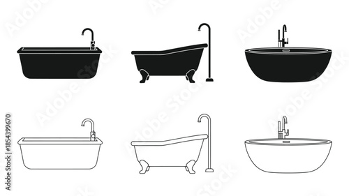 Variety of bathtub designs illustrated in both solid and outline styles