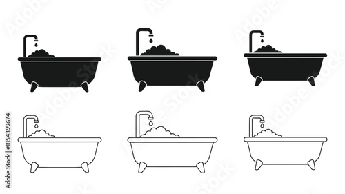 Bathtub filling stages Empty partially filled and full with bubbles