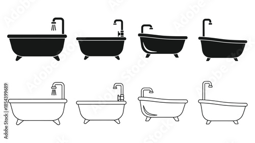 A series of bathtub icons in varying styles and perspectives displayed