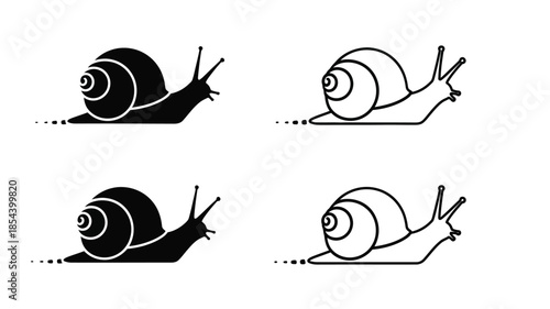 Black and white snail illustrations in various line styles and poses