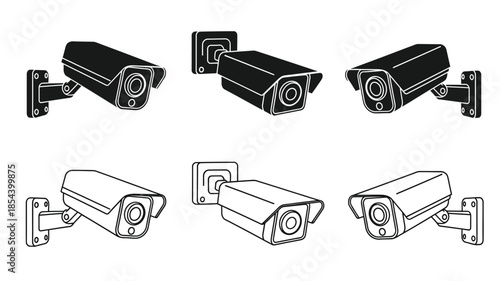 Black and white illustration of multiple security cameras in different angles