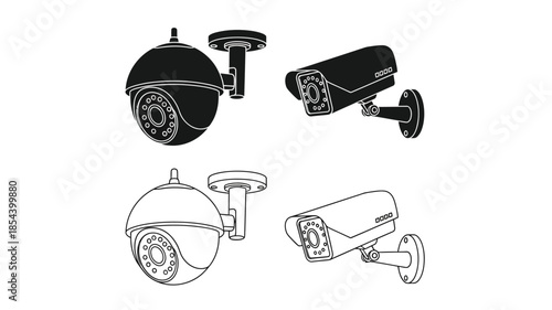 Security surveillance cameras in black and white line art illustrations