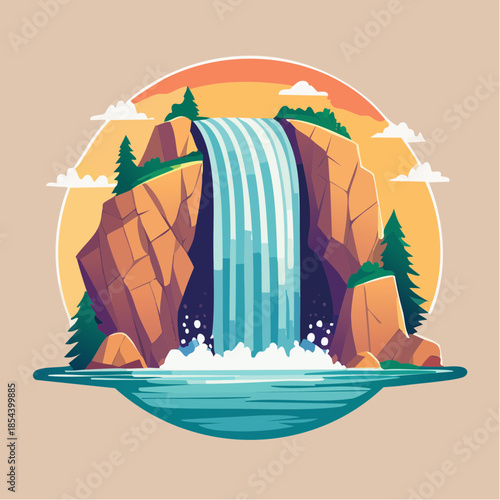 Cartoon illustration of a waterfall cascading down rocks into a pool of water, set against a sunset backdrop.