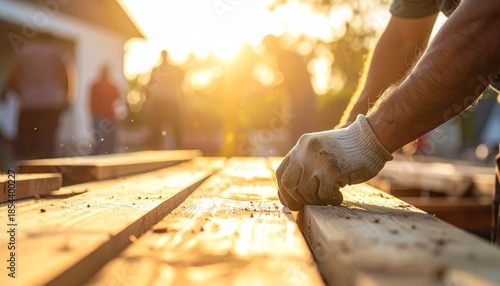 Construction worker's gloved hand working with wooden planks in warm golden hour light.