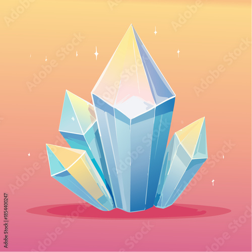 Illustration of a cluster of light blue crystals with a yellow and pink gradient background.