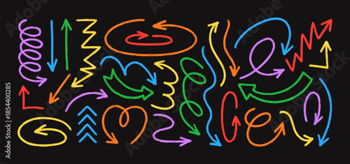 Crayon Arrow Hand-Drawn Icon Set. Vector Doodle Pencil Curves, Spirals, Wavy Lines, ZigZags in Colorful Colors for Kids' Templates, Promos, and Web Design.