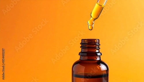 Glass dropper dispensing yellow essential oil or cosmetic serum into a brown bottle on an orange background.
