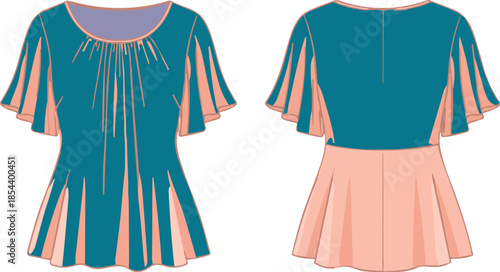 Women’s blouse fashion sketch, front and back view, pleated neckline, layered sleeves, color block design, stylish garment illustration