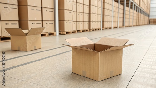 Open cardboard box in warehouse with stacked boxes on pallet, back haul and cost concept, logistics and storage facility interior