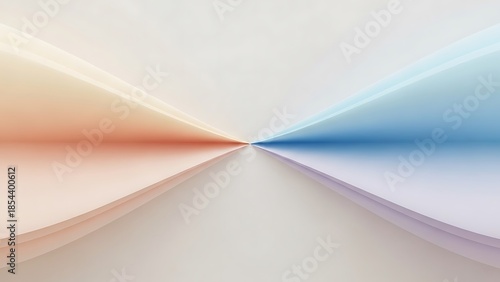 Abstract image of two curved sheets of paper meeting in the center, one colored orange and the other blue.
