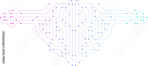 Gradient futuristic circuit board technology on transparent background. Electronic circuit board with connected lines and dots