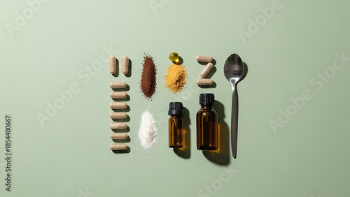 Various dietary supplements including capsules powders and oil bottles arranged neatly with spoon on light green background showcasing health and wellness products or alternative medicine